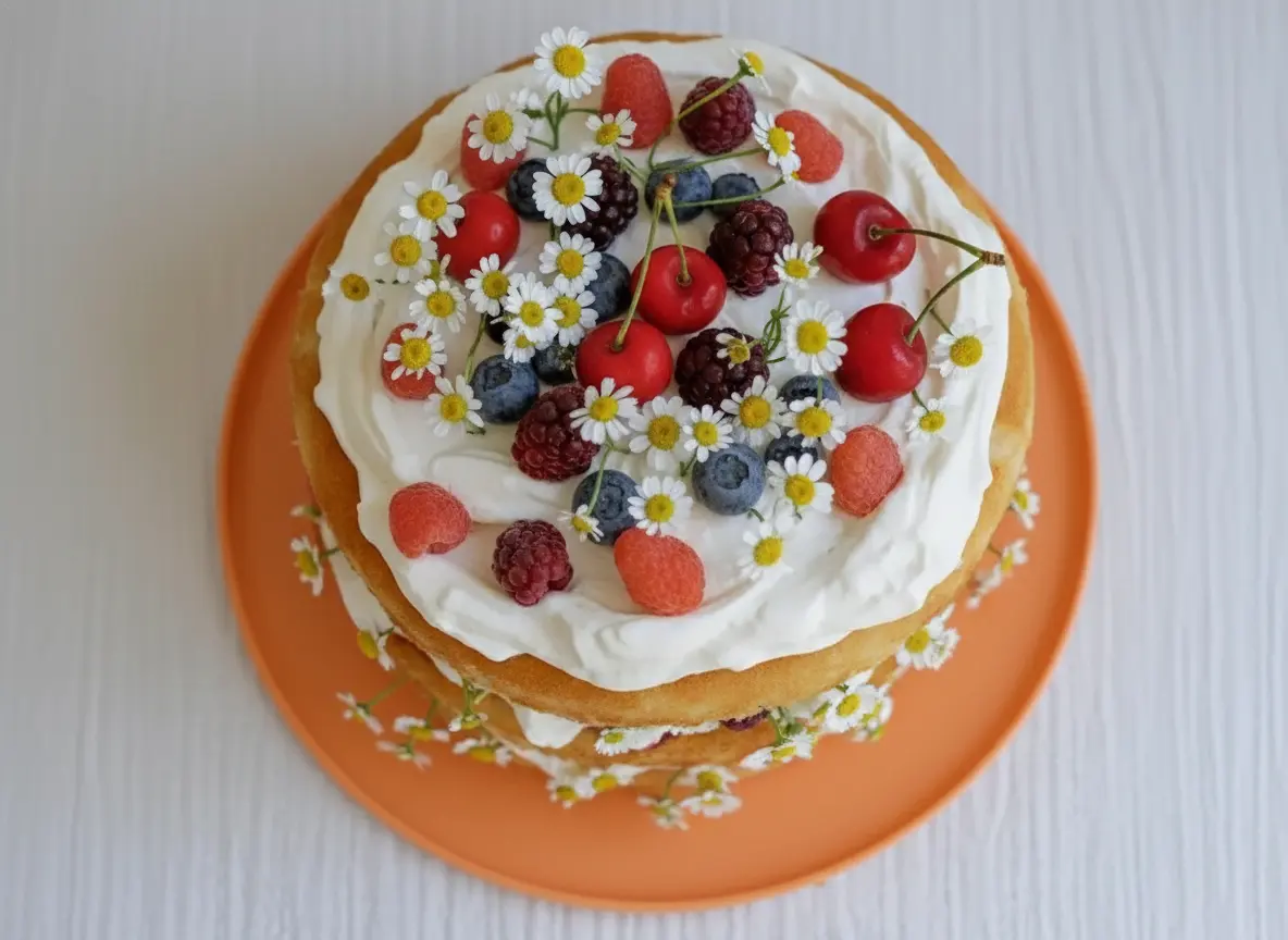A three-layer naked Berries and Cream Cake on a bright blue round plate, adorned with fresh whipped cream, vibrant mixed berries including red raspberries, dark blackberries, blueberries, and red cherries, and delicate white daisies. The cake sits on a marble countertop with soft natural morning light from an east window, casting gentle shadows. The background is simple and clean, with wood accents subtly visible. Shot at eye level, 4:3 ratio, no hands or people.