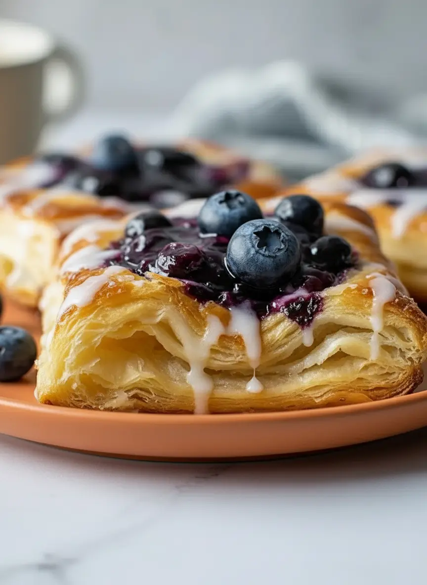 A high-angle shot of ingredients for a Blueberry Cream Cheese Danish. A wooden cutting board holds a block of cream cheese next to a small white ceramic bowl overflowing with fresh, dusty blue blueberries. A small bowl of lemon zest and a jar of vanilla extract are nearby. The scene is set on a marble countertop with soft shadows and fresh mint sprigs in a small glass in the background.