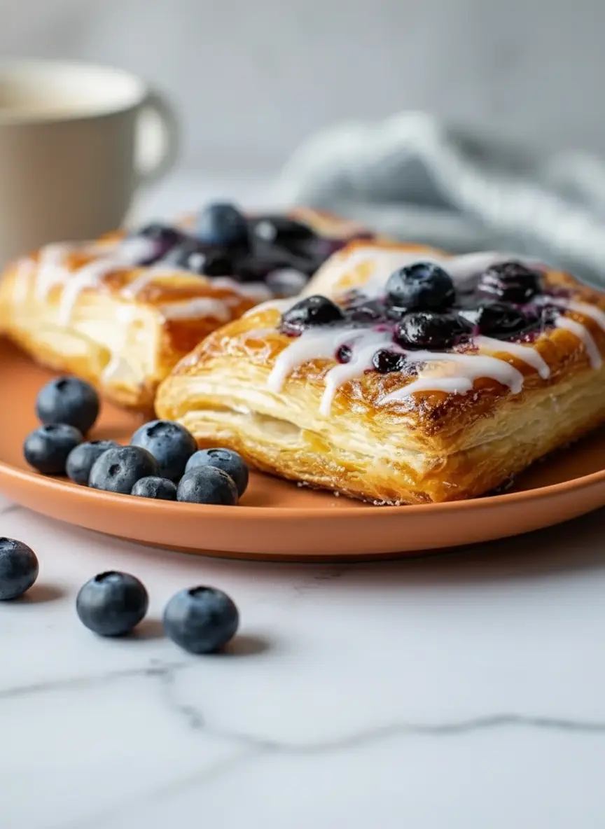 A process shot of making a Blueberry Cream Cheese Danish. Six squares of raw puff pastry are laid out on a sheet of parchment paper over a marble surface. One square has a dollop of white cream cheese filling being spread with a small offset spatula, while others have fresh blueberries being nestled into the centers. No hands are visible. Natural morning light creates a clean, airy feel.