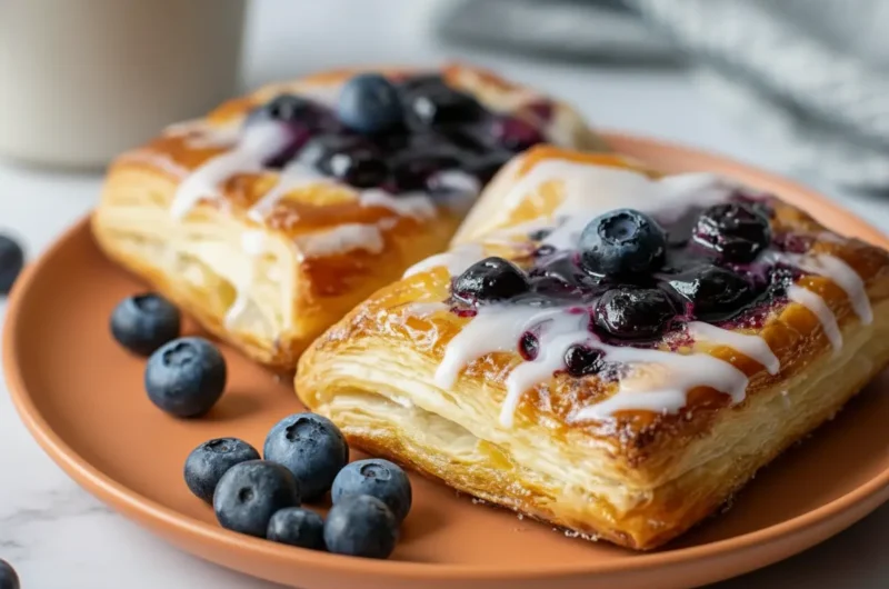 A hero shot of two Blueberry Cream Cheese Danishes on a terracotta orange ceramic plate. The danishes are square-shaped with incredibly flaky golden brown puff pastry layers. The centers are filled with a creamy white filling and topped with glossy blueberry jam and plump fresh blueberries. A thick white sugar glaze is drizzled artistically over the top. The plate sits on a white marble countertop with soft morning light from an east window, and a white ceramic coffee mug is blurred in the background.
