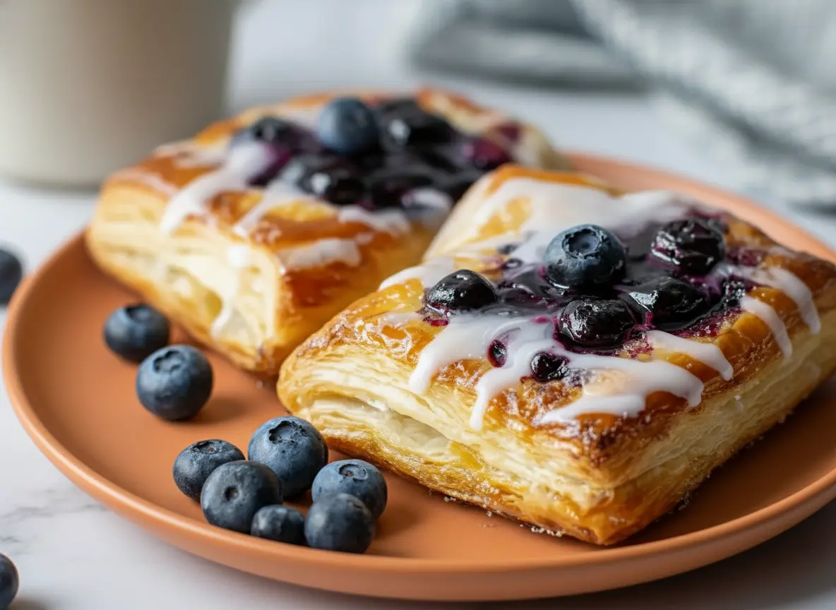 A hero shot of two Blueberry Cream Cheese Danishes on a terracotta orange ceramic plate. The danishes are square-shaped with incredibly flaky golden brown puff pastry layers. The centers are filled with a creamy white filling and topped with glossy blueberry jam and plump fresh blueberries. A thick white sugar glaze is drizzled artistically over the top. The plate sits on a white marble countertop with soft morning light from an east window, and a white ceramic coffee mug is blurred in the background.