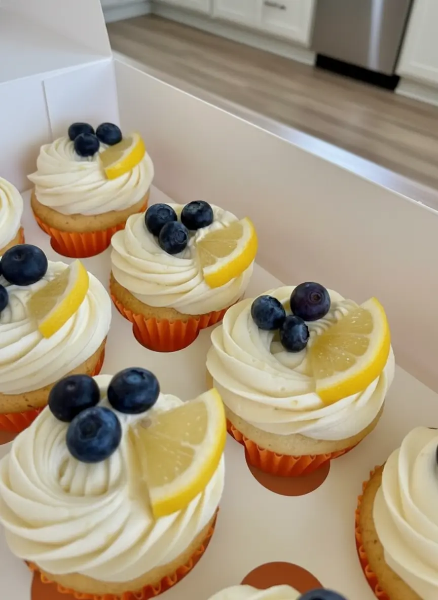 A close-up shot focusing on the process of piping white, swirled lemon buttercream frosting onto a single cooled cupcake, which rests on a minimalist white plate. The frosting shows a beautiful, intricate swirl pattern, with natural morning light highlighting its creamy texture. (3:4 ratio)