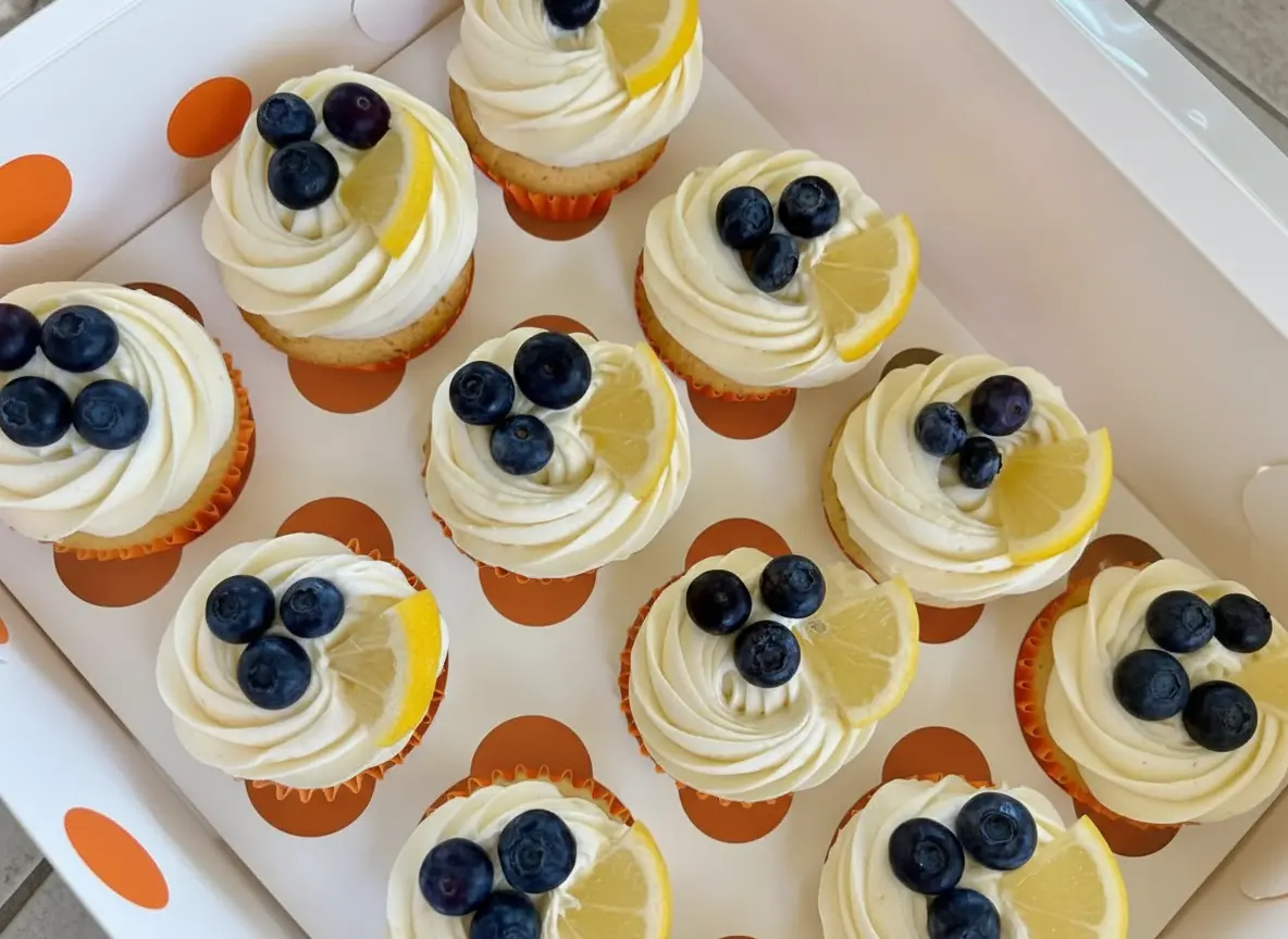 A hero shot of several Blueberry Lemon Cupcakes displayed in a white cupcake box with brown polka dots. Each cupcake has perfectly swirled white frosting, topped with fresh, plump blueberries and a delicate wedge of lemon. The scene is bathed in natural morning light on a marble countertop, with subtle wood accents in the soft-focused background, clean and tidy presentation. (4:3 ratio)