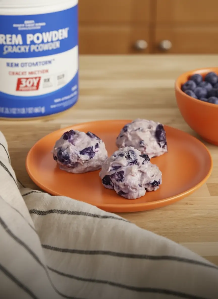 A close-up shot of the mixing process on a wooden cutting board. A minimalist white ceramic bowl contains the pale lavender-colored cheesecake dough, partially mixed with fresh blueberries starting to swirl their deep purple juices into the batter. Natural light from the side highlights the creamy, thick texture of the dough. No hands or people.