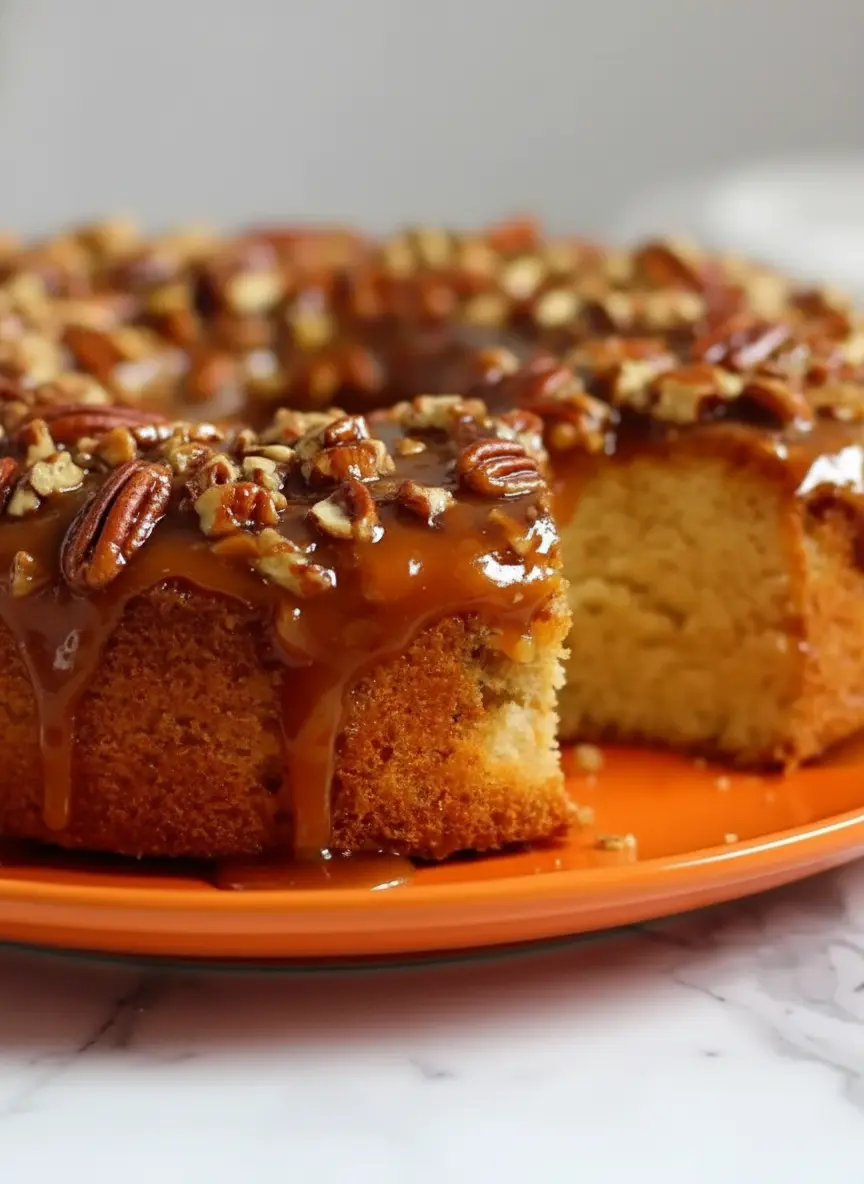 A close-up of a warm, golden-brown Butter Pecan Praline Poke Cake in a white ceramic bundt pan, freshly poked with large holes using the blunt end of a wooden spoon. A stream of rich, glossy praline sauce is being poured over the holes, with some already soaking into the moist cake. The scene is illuminated by soft natural light on a marble counter with subtle wood accents. (3:4 ratio)