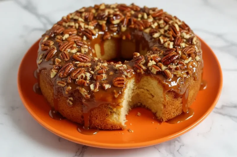 A beautiful round Butter Pecan Praline Poke Cake on a minimalist white plate, generously drizzled with thick, glossy caramel praline sauce and adorned with whole and chopped toasted pecans. A piece is gently removed, showcasing the moist, light interior crumb with sauce soaking in. The cake is set on a marble countertop with soft natural morning light from an east window, casting gentle shadows. Wood accents are subtly visible in the background, which is clean and tidy.