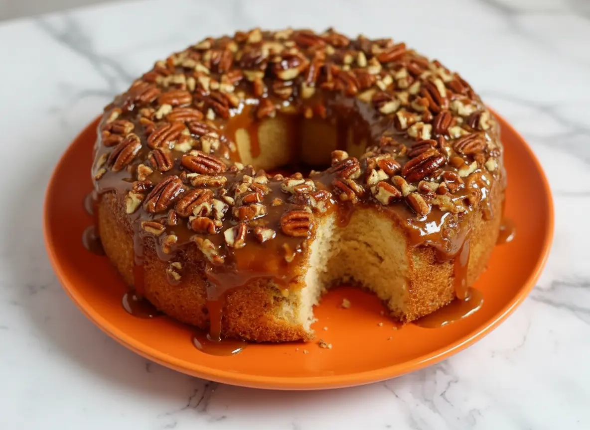 A beautiful round Butter Pecan Praline Poke Cake on a minimalist white plate, generously drizzled with thick, glossy caramel praline sauce and adorned with whole and chopped toasted pecans. A piece is gently removed, showcasing the moist, light interior crumb with sauce soaking in. The cake is set on a marble countertop with soft natural morning light from an east window, casting gentle shadows. Wood accents are subtly visible in the background, which is clean and tidy.