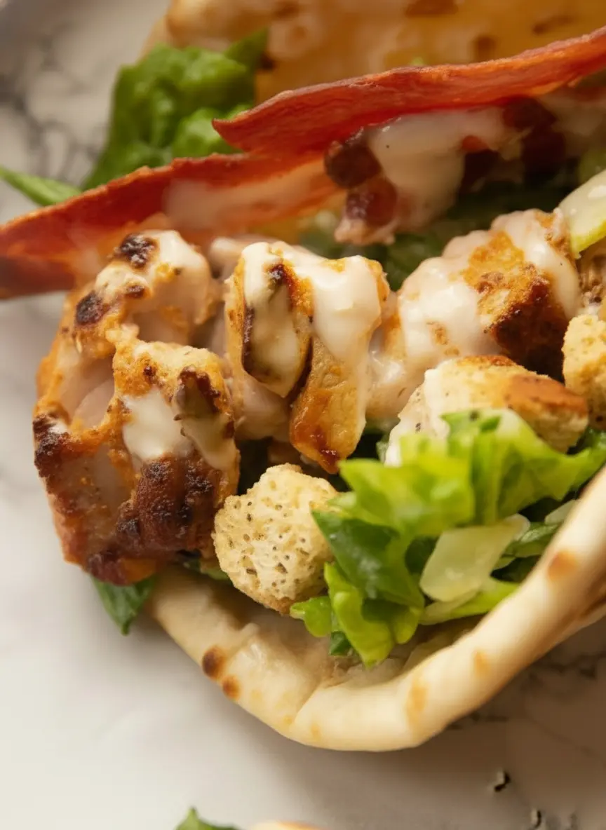 Overhead shot of diced grilled chicken, fresh romaine lettuce, a small bowl of creamy Caesar dressing, golden croutons, and crispy bacon bits, arranged neatly on a wooden cutting board on a white marble countertop. Natural morning light creates soft shadows. Shot at a 3:4 aspect ratio, clean and tidy presentation.