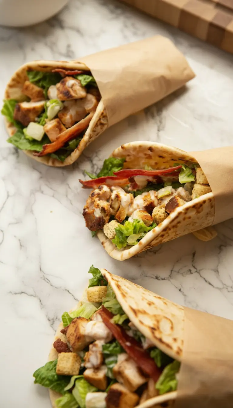 Close-up, angled shot of a single Chicken Caesar Flatbread, cut in half to show the rich interior texture: visible grilled chicken, vibrant green lettuce, golden croutons, and streaks of creamy Caesar dressing. The flatbread itself shows subtle grill marks. The background is a soft blur of a white marble countertop and a hint of fresh herbs. Shot at a 3:4 aspect ratio, with soft shadows and warm, inviting tones.