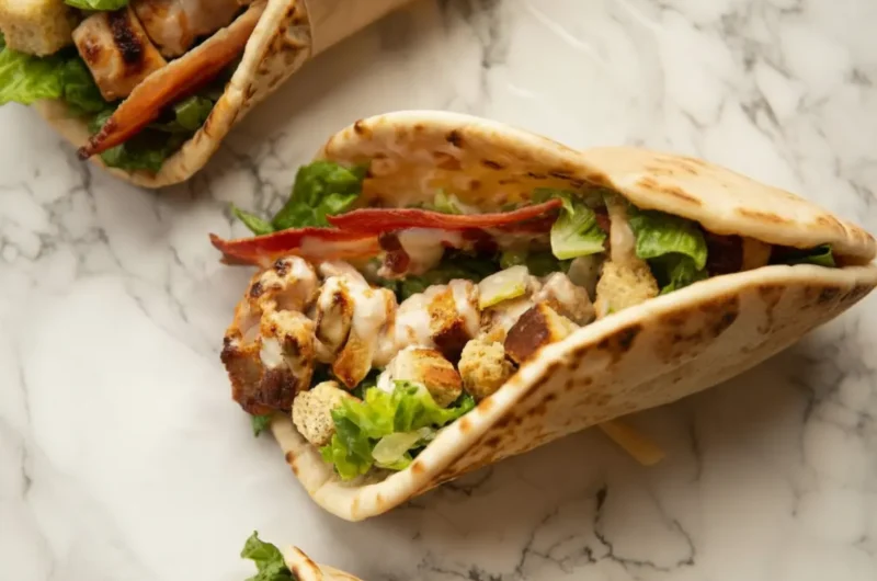 Hero shot of two Chicken Caesar Flatbreads, generously filled with grilled chicken, crisp romaine lettuce, crunchy croutons, crispy bacon strips, and creamy Caesar dressing, partially wrapped in brown parchment paper, resting on a clean white marble countertop. The scene is illuminated by soft natural morning light from an east window, casting warm tones and soft shadows. Fresh herbs are subtly visible in the out-of-focus background. Shot at a 4:3 aspect ratio, conveying a clean and tidy presentation with genuine love for the process.