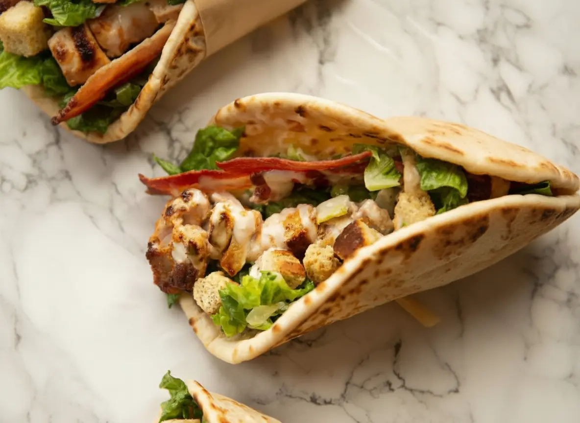 Hero shot of two Chicken Caesar Flatbreads, generously filled with grilled chicken, crisp romaine lettuce, crunchy croutons, crispy bacon strips, and creamy Caesar dressing, partially wrapped in brown parchment paper, resting on a clean white marble countertop. The scene is illuminated by soft natural morning light from an east window, casting warm tones and soft shadows. Fresh herbs are subtly visible in the out-of-focus background. Shot at a 4:3 aspect ratio, conveying a clean and tidy presentation with genuine love for the process.