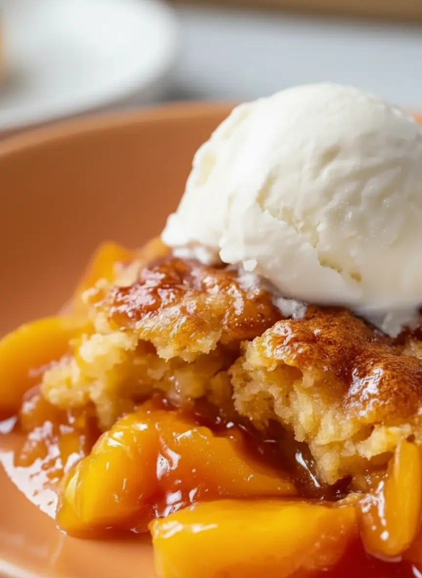 An overhead shot of organized ingredients for Cinnamon Peach Cobbler on a wooden cutting board against a marble countertop. Visible items include fresh, ripe peach halves, cinnamon sticks, whole nutmeg, a bowl of granulated sugar, and a bowl of flour. Natural morning light creates soft shadows. (3:4 ratio)