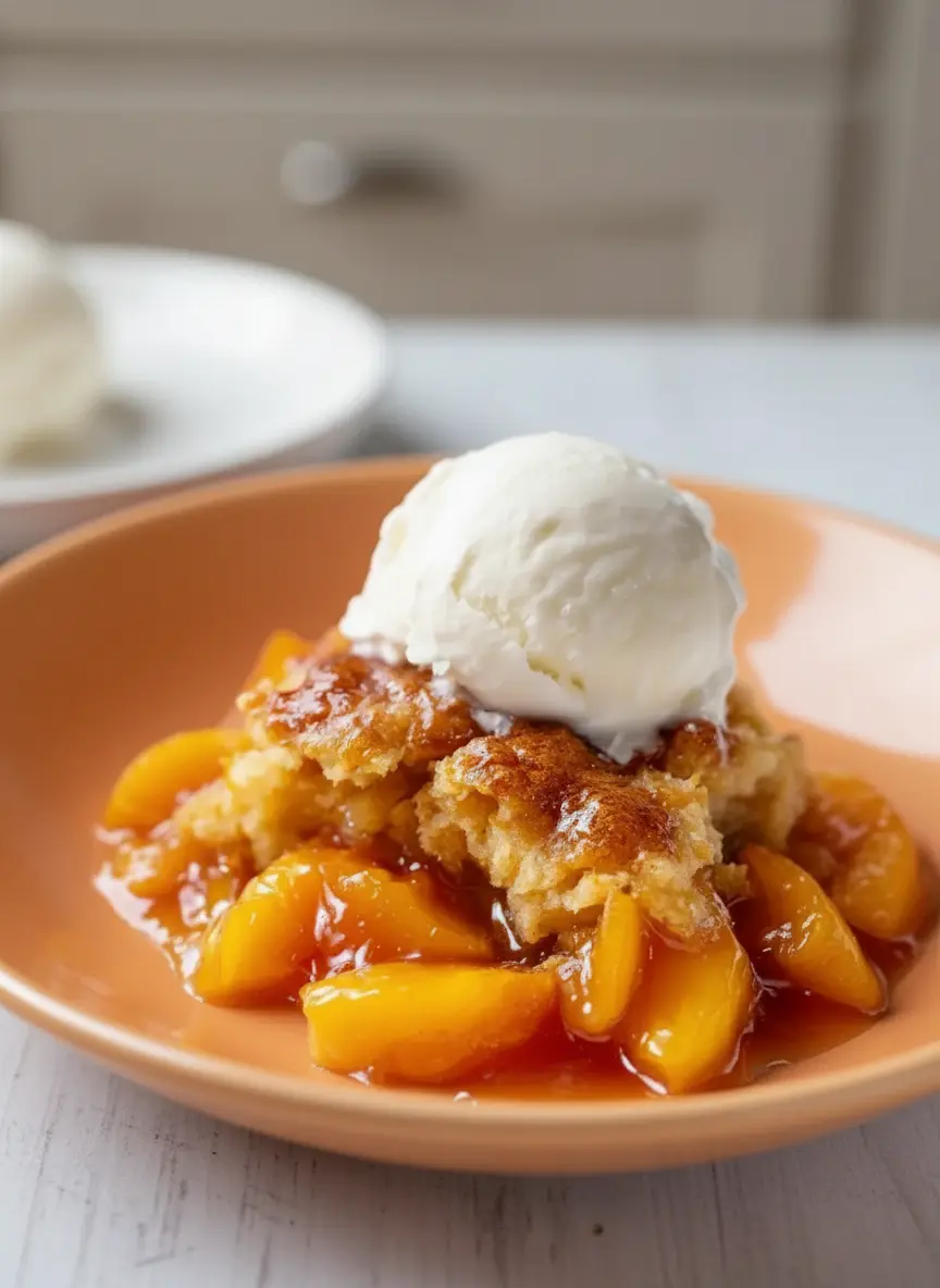 A rustic white ceramic baking dish filled with vibrant, sliced peaches tossed with spices and cornstarch, with spoonfuls of unbaked biscuit topping being dropped onto it. The dish rests on a wooden cutting board on a marble countertop under natural morning light. (3:4 ratio)