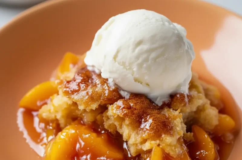 A close-up, eye-level shot of a single serving of warm Cinnamon Peach Cobbler with a scoop of melting vanilla ice cream, served on a minimalist white plate. The cobbler has a golden-brown, rustic biscuit topping and glistening, tender peach slices visible underneath. Soft natural morning light from an east window casts gentle shadows on a marble countertop. A sprig of fresh mint or a cinnamon stick is subtly in the background. (4:3 ratio)
