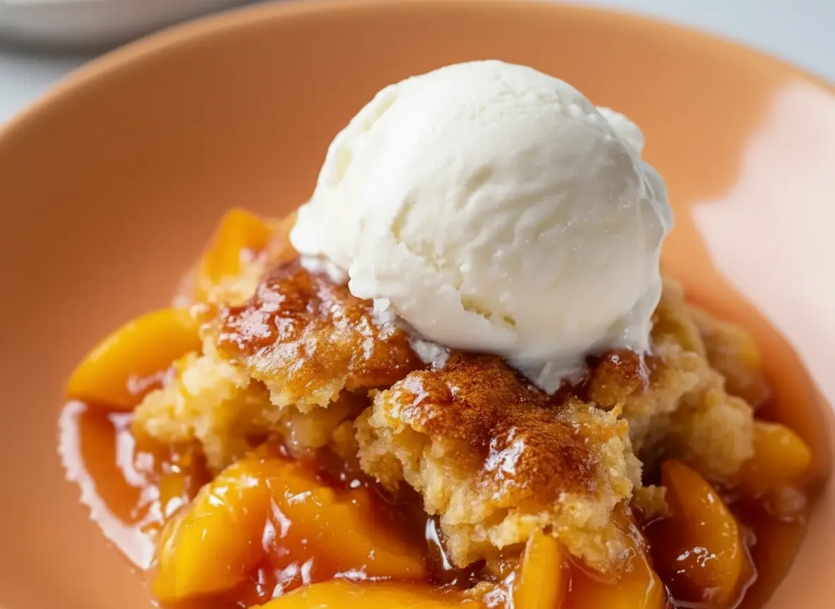 A close-up, eye-level shot of a single serving of warm Cinnamon Peach Cobbler with a scoop of melting vanilla ice cream, served on a minimalist white plate. The cobbler has a golden-brown, rustic biscuit topping and glistening, tender peach slices visible underneath. Soft natural morning light from an east window casts gentle shadows on a marble countertop. A sprig of fresh mint or a cinnamon stick is subtly in the background. (4:3 ratio)