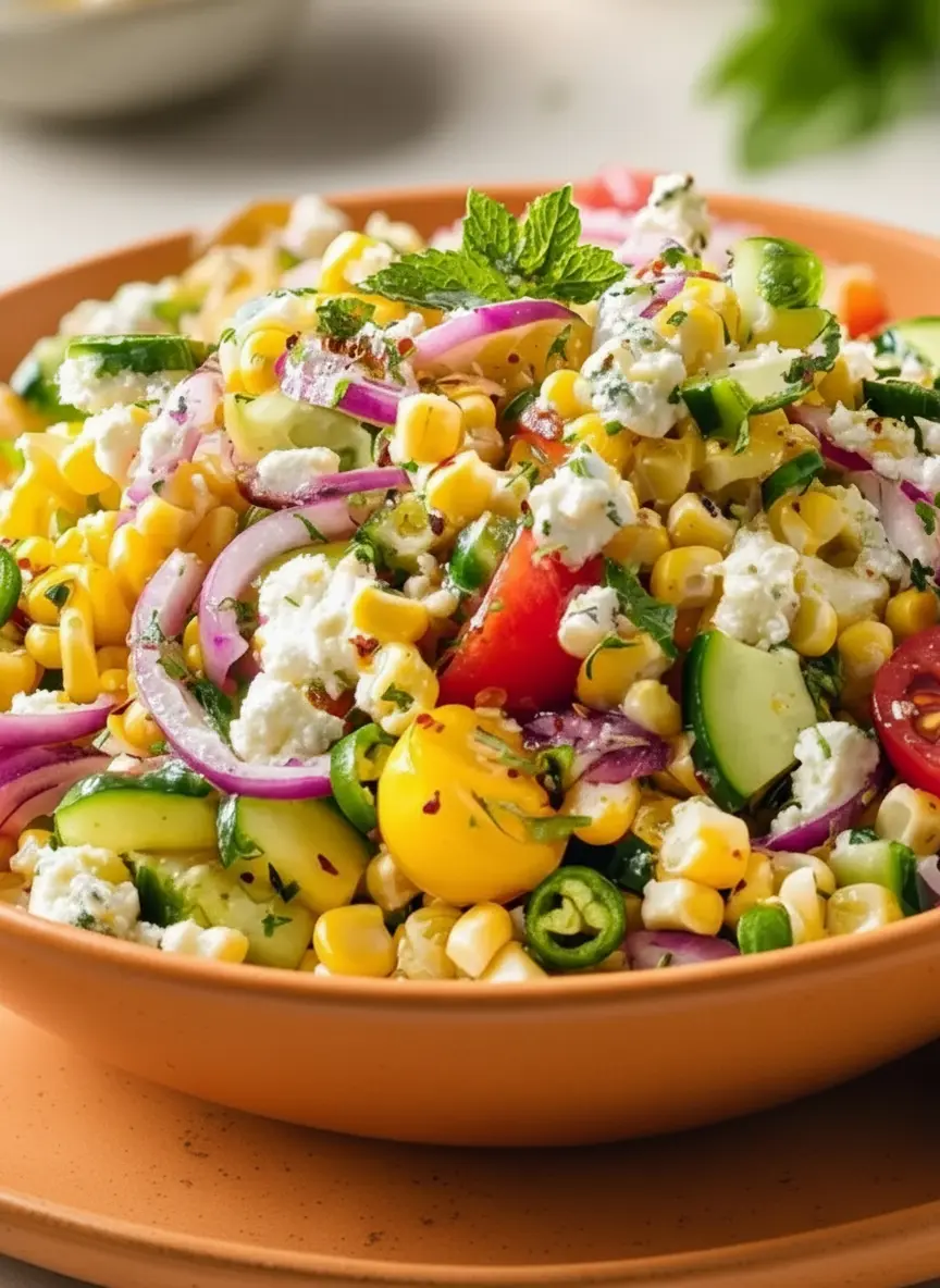 A clean, tidy setup on a wooden cutting board with various prepped ingredients for Classic Corn Salad: neatly piled fresh corn kernels, diced cucumber, halved red and yellow cherry tomatoes, thinly sliced red onion, and jalapeños, alongside crumbled feta in a small white ceramic bowl and fresh mint leaves. Soft natural morning light from an east window illuminates the scene, creating warm tones and soft shadows on a marble countertop. (3:4 ratio)