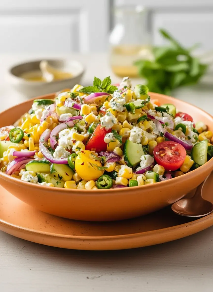 A large minimalist white ceramic bowl filled with Classic Corn Salad, showing a dynamic moment of the salad being gently tossed with a wooden spoon. The vibrant mix of corn, cucumber, tomatoes, red onion, feta, and jalapeños is visible, with the zesty dressing lightly coating the ingredients. Natural morning light creates soft highlights and warm tones on the marble countertop. (3:4 ratio)