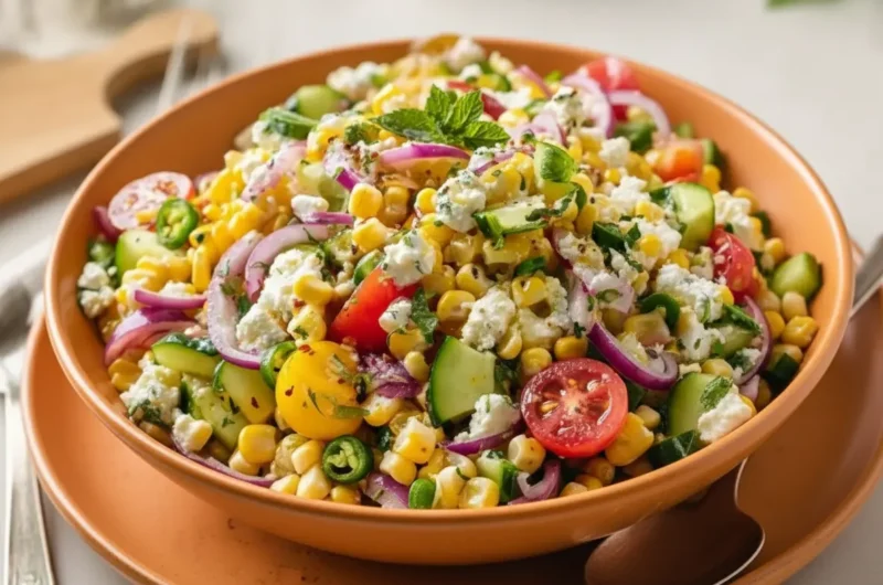 A vibrant Classic Corn Salad in a minimalist white ceramic bowl, overflowing with bright yellow corn kernels, sliced red onion, diced cucumber, halved red and yellow cherry tomatoes, crumbled white feta cheese, thin green jalapeño slices, and fresh green mint leaves on top. The bowl is centered on a light-colored plate, set on a marble countertop with wood accents. Natural morning light casts soft shadows. Fresh herbs are subtly visible in the background, creating a clean, tidy, and warm-toned scene. (4:3 ratio)