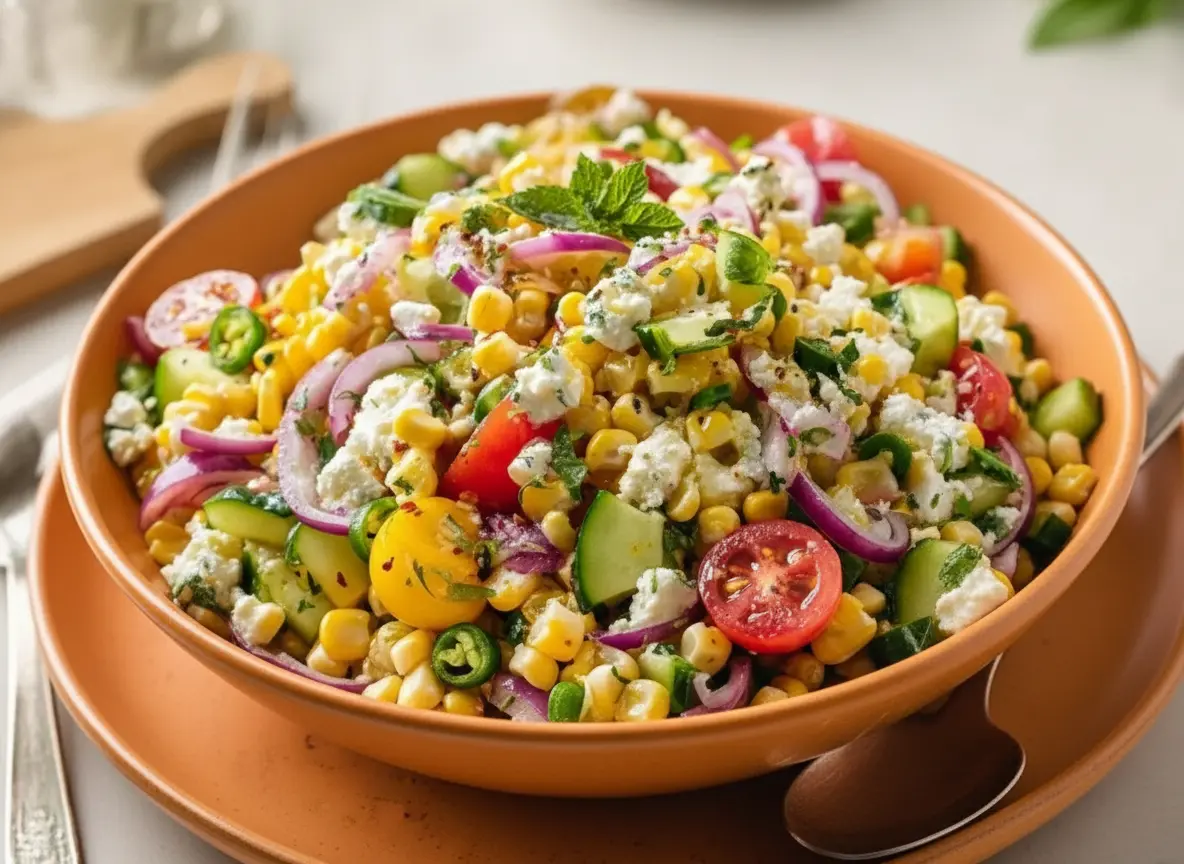 A vibrant Classic Corn Salad in a minimalist white ceramic bowl, overflowing with bright yellow corn kernels, sliced red onion, diced cucumber, halved red and yellow cherry tomatoes, crumbled white feta cheese, thin green jalapeño slices, and fresh green mint leaves on top. The bowl is centered on a light-colored plate, set on a marble countertop with wood accents. Natural morning light casts soft shadows. Fresh herbs are subtly visible in the background, creating a clean, tidy, and warm-toned scene. (4:3 ratio)