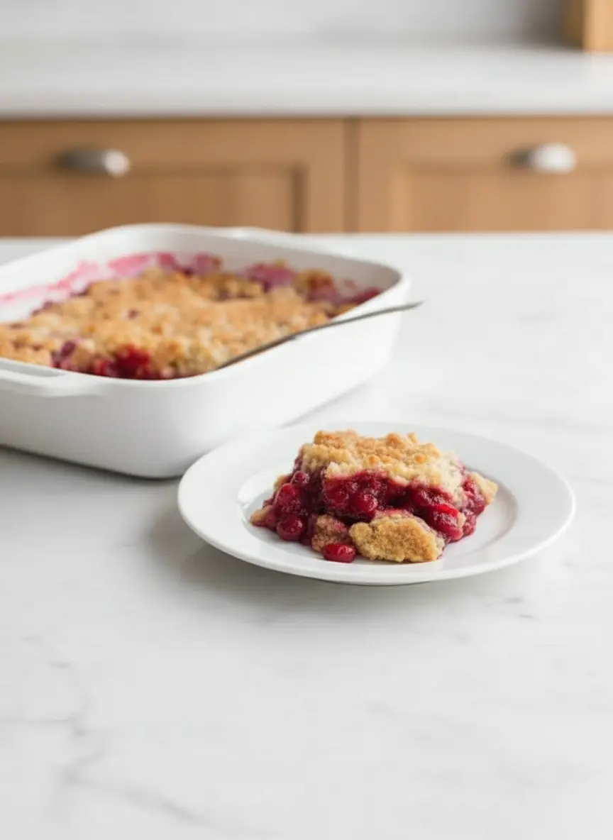 A close-up of a white ceramic baking dish with the vibrant red cranberry and orange filling, partially covered with dollops of the raw, shaggy oat cobbler topping. A silver spoon is resting on the side of the dish, ready for spreading. The shot is bathed in soft, warm natural light on a wooden surface, showing the preparation process in a consistent, recognizable kitchen style. (3:4 ratio)