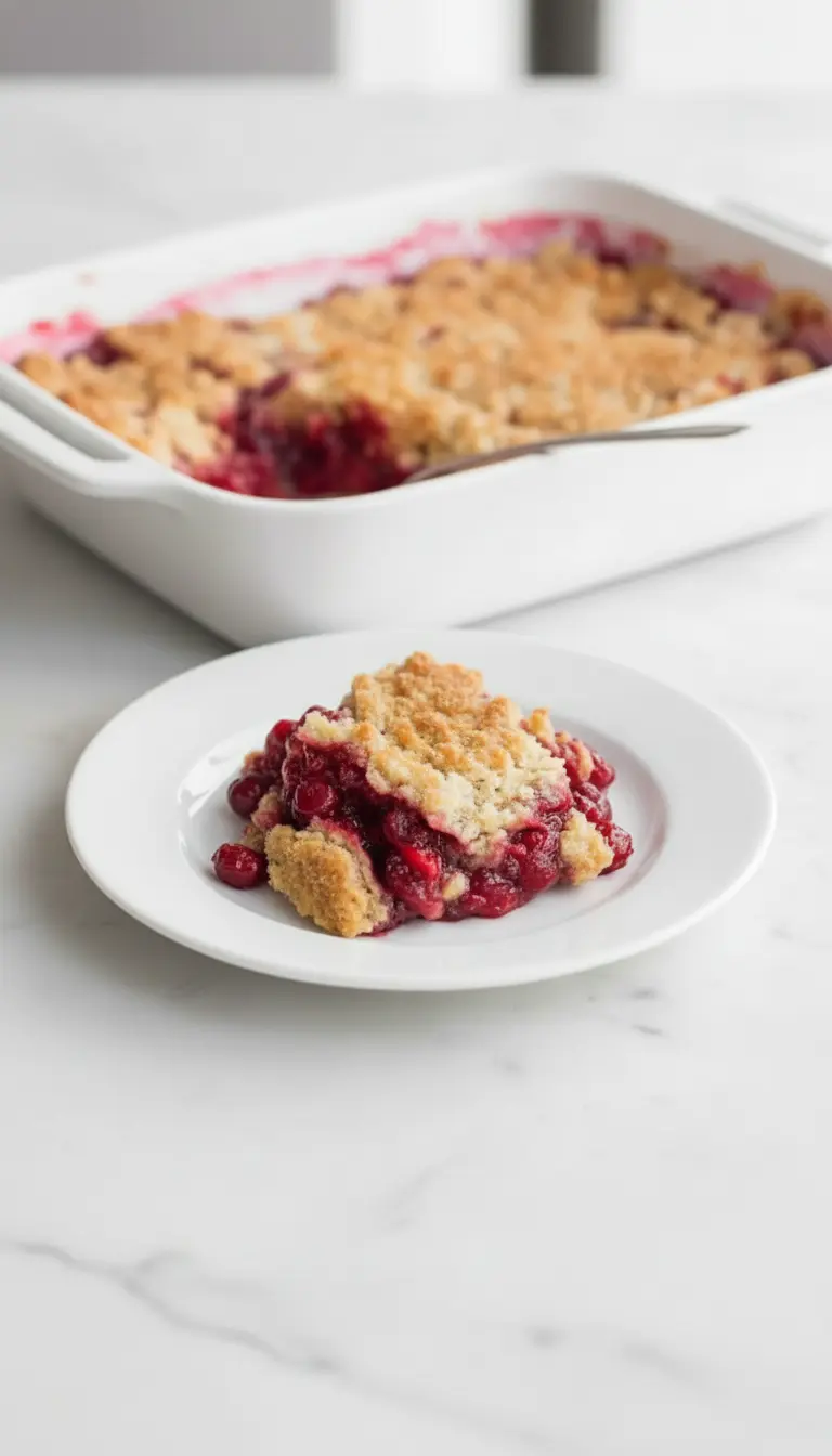 A focus shot on a single serving of warm cranberry cobbler on a dark red embossed plate, showcasing the glistening, rich red cranberry filling bursting under a golden-brown, textured oat topping. A silver spoon rests beside the plate. The background is softly blurred, showing hints of the white baking dish, all set on a warm wooden surface, emphasizing the texture and serving appeal under natural light. (3:4 ratio)