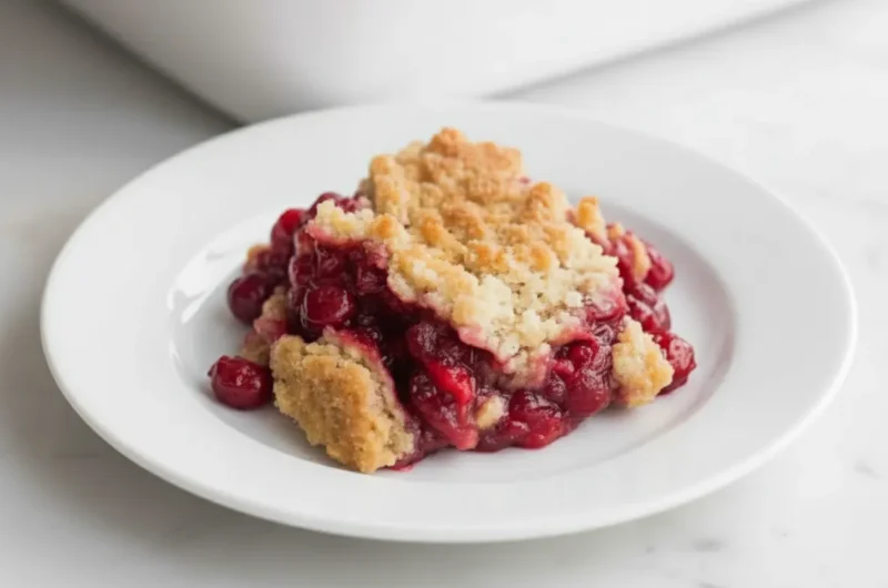A beautifully baked cranberry cobbler in a white ceramic baking dish, with a single generous serving on a dark red embossed plate in the foreground. The cobbler shows a golden-brown, rustic oat topping and vibrant red, bubbling fruit underneath. The scene is set on a warm wooden surface with fresh cranberries scattered, and a half-sliced orange in the background. Natural morning light from an east window casts soft shadows. The overall aesthetic is clean, warm, and inviting, showcasing genuine love for the process, consistent with a beautiful, lived-in kitchen with marble countertops and wood accents. (4:3 ratio)