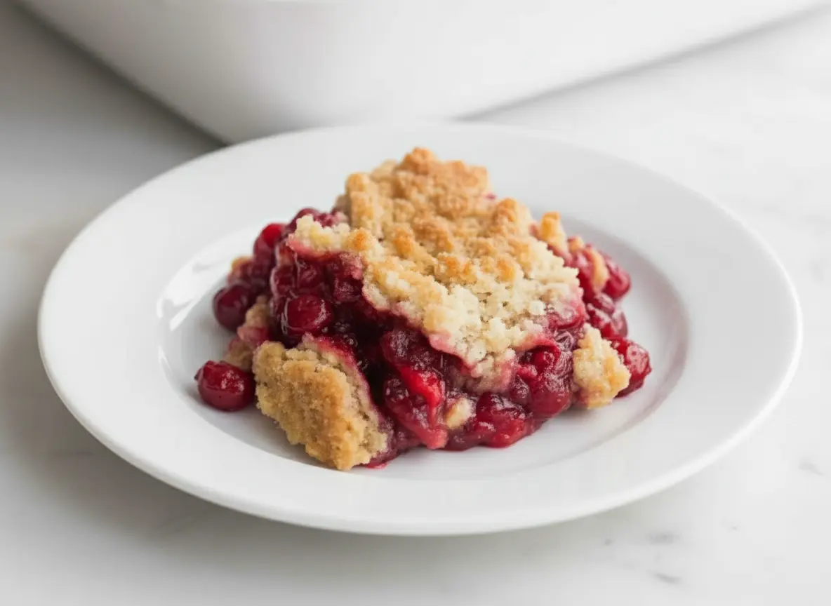 A beautifully baked cranberry cobbler in a white ceramic baking dish, with a single generous serving on a dark red embossed plate in the foreground. The cobbler shows a golden-brown, rustic oat topping and vibrant red, bubbling fruit underneath. The scene is set on a warm wooden surface with fresh cranberries scattered, and a half-sliced orange in the background. Natural morning light from an east window casts soft shadows. The overall aesthetic is clean, warm, and inviting, showcasing genuine love for the process, consistent with a beautiful, lived-in kitchen with marble countertops and wood accents. (4:3 ratio)