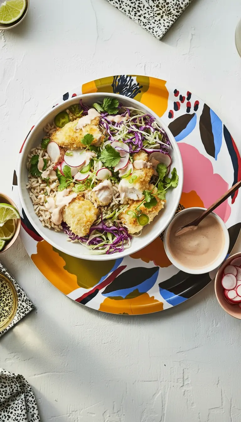 Close-up, slightly angled shot revealing the texture of the Crispy Fish Taco Bowls: golden, crunchy fish, fluffy brown rice, vibrant shredded cabbage, thin radish slices, and fresh cilantro, all coated with a creamy, light pinkish-orange crema. The white ceramic bowl rests on the colorful abstract floral tray, with a hint of a marble countertop. Natural morning light, soft shadows, warm tones, and fresh herbs in the background.