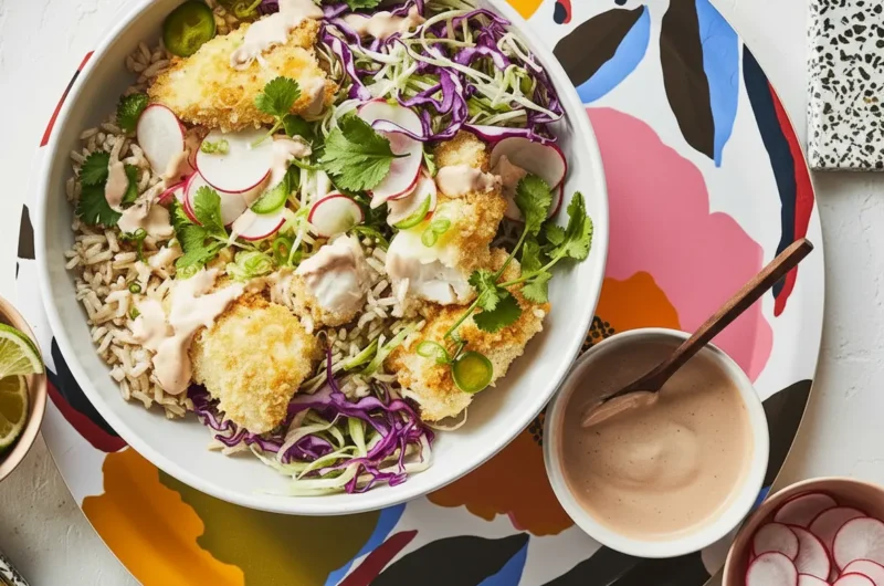 Overhead shot of a vibrant Crispy Fish Taco Bowl on a white ceramic bowl, resting on a round, abstract floral patterned tray with colors like yellow, orange, pink, blue, and black. The bowl contains brown rice, shredded green and purple cabbage slaw, golden crispy panko-crusted fish pieces, thin radish slices, green onion, and fresh cilantro, generously drizzled with a light pinkish-orange crema. A small white bowl with lime wedges, a small pink bowl with extra radish slices, and a small white bowl with crema and a wooden spoon are visible around the main bowl. Natural morning light from an east window, soft shadows, warm tones, clean marble countertop with wood accents in the background, fresh herbs subtly blurred.