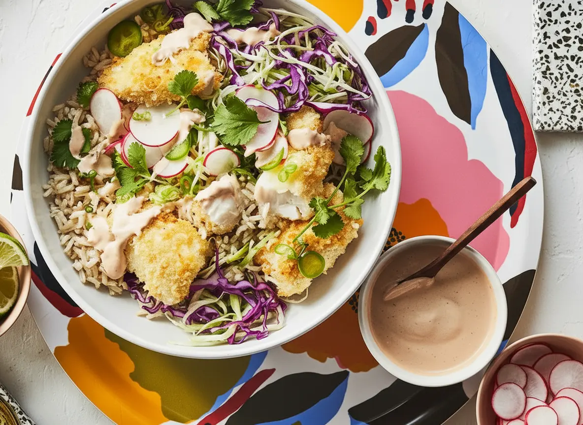 Overhead shot of a vibrant Crispy Fish Taco Bowl on a white ceramic bowl, resting on a round, abstract floral patterned tray with colors like yellow, orange, pink, blue, and black. The bowl contains brown rice, shredded green and purple cabbage slaw, golden crispy panko-crusted fish pieces, thin radish slices, green onion, and fresh cilantro, generously drizzled with a light pinkish-orange crema. A small white bowl with lime wedges, a small pink bowl with extra radish slices, and a small white bowl with crema and a wooden spoon are visible around the main bowl. Natural morning light from an east window, soft shadows, warm tones, clean marble countertop with wood accents in the background, fresh herbs subtly blurred.