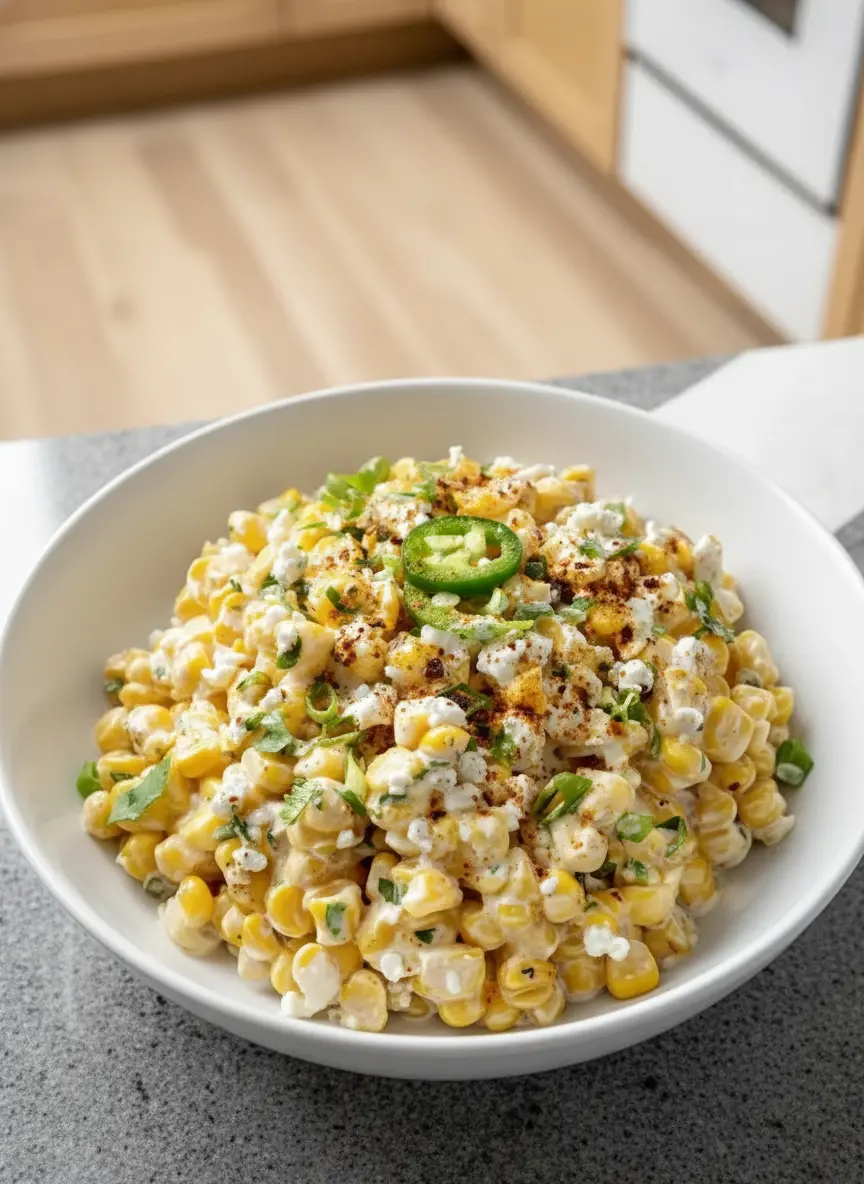 A close-up of corn kernels being charred in a hot cast-iron skillet on a stovetop, showing slightly browned and smoky edges. In the soft-focused background, a bunch of fresh cilantro and green onions are visible on a marble countertop. Natural morning light with warm tones. No hands or people.