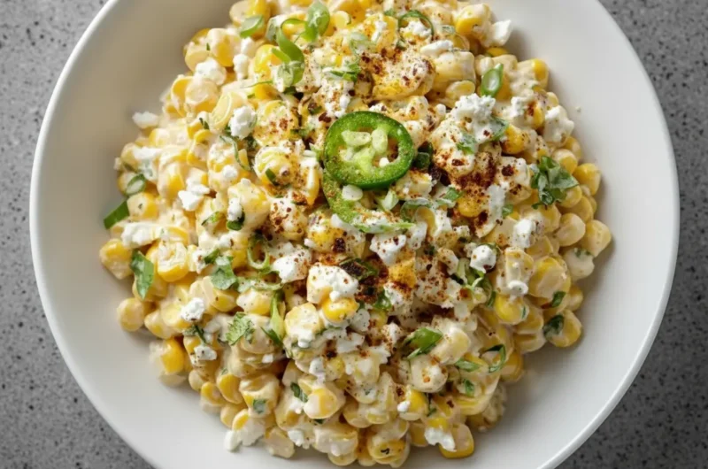 A vibrant and creamy Mexican Street Corn Salad in a minimalist white ceramic bowl, garnished with crumbled white vegan cheese, fresh green cilantro, a sprinkle of red chili powder, and two prominent green jalapeño slices on top. The bowl is centered on a light marble countertop with a subtle wooden accent in the background. Natural morning light from an east window casts soft shadows. The overall scene is clean, tidy, and has warm tones, embodying a genuine love for the process. No hands or people visible.