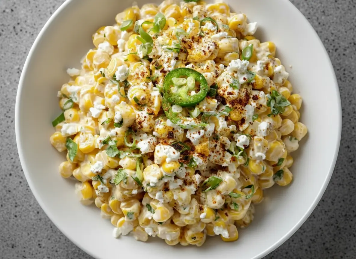A vibrant and creamy Mexican Street Corn Salad in a minimalist white ceramic bowl, garnished with crumbled white vegan cheese, fresh green cilantro, a sprinkle of red chili powder, and two prominent green jalapeño slices on top. The bowl is centered on a light marble countertop with a subtle wooden accent in the background. Natural morning light from an east window casts soft shadows. The overall scene is clean, tidy, and has warm tones, embodying a genuine love for the process. No hands or people visible.