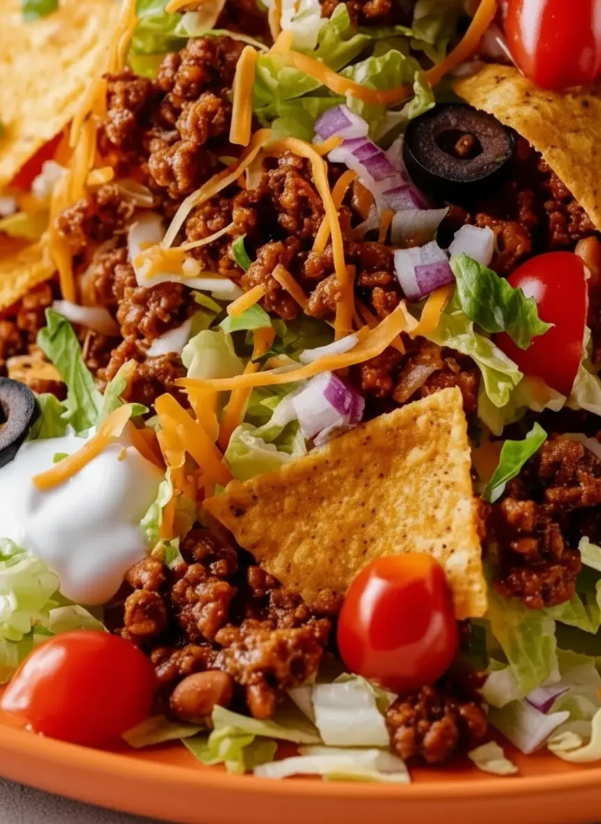 A carefully arranged flat lay of raw ingredients for Doritos Taco Salad on a wooden cutting board on a marble countertop. Visible items include a bag of Nacho Cheese Doritos, a block of cheddar cheese, fresh iceberg lettuce, ground beef in a ceramic bowl, red onion, cherry tomatoes, black olives, and a container of sour cream, all illuminated by natural morning light with soft shadows and warm tones. Fresh herbs are subtly in the background, NO HANDS.