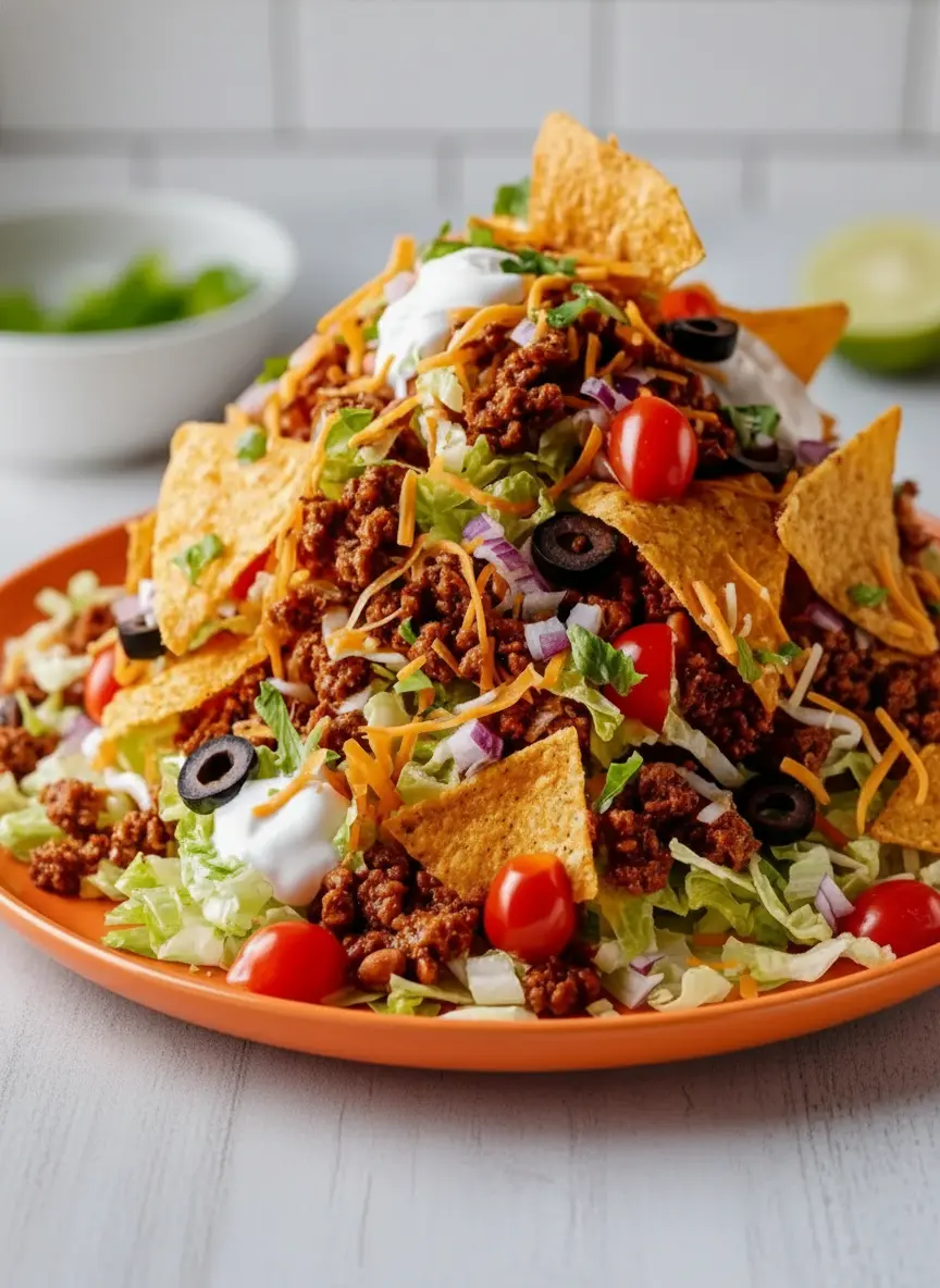 A shot focusing on the layering process of Doritos Taco Salad in a large, minimalist white ceramic bowl on a marble countertop. The image shows a partial layer of seasoned ground beef being spread over shredded lettuce, with shredded cheddar cheese, diced red onion, and black olives ready to be added. Natural morning light creates soft shadows and warm tones. A wooden cutting board is subtly visible nearby, NO HANDS.