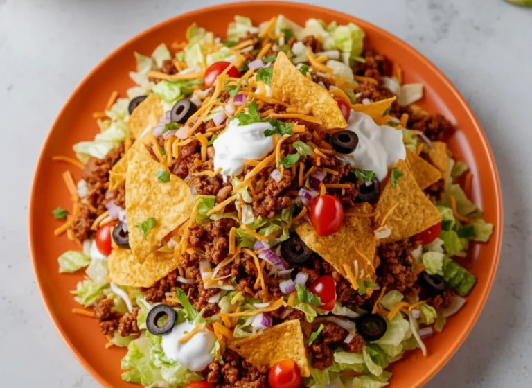 A vibrant, towering Doritos Taco Salad piled high on a minimalist white plate, showcasing layers of seasoned ground beef, shredded iceberg lettuce, melted cheddar cheese, diced red onion, black olives, cherry tomatoes, and generous dollops of sour cream, with prominent crunchy Nacho Cheese Doritos integrated throughout. The scene is set on a marble countertop with wood accents, bathed in natural morning light from an east window, soft shadows, warm tones, and a clean, tidy presentation. Fresh herbs are visible in the soft background, NO HANDS.