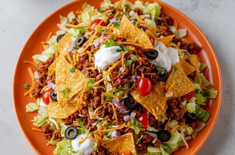 A vibrant, towering Doritos Taco Salad piled high on a minimalist white plate, showcasing layers of seasoned ground beef, shredded iceberg lettuce, melted cheddar cheese, diced red onion, black olives, cherry tomatoes, and generous dollops of sour cream, with prominent crunchy Nacho Cheese Doritos integrated throughout. The scene is set on a marble countertop with wood accents, bathed in natural morning light from an east window, soft shadows, warm tones, and a clean, tidy presentation. Fresh herbs are visible in the soft background, NO HANDS.