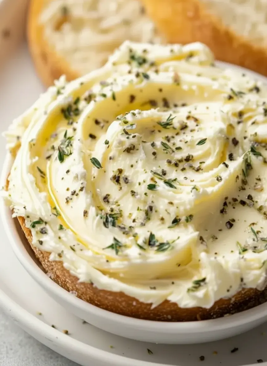 A clean composition on a wooden cutting board shows the raw ingredients for the garlic bread spread: softened unsalted butter, finely minced fresh garlic, a pile of grated Parmesan cheese, fresh sprigs of thyme and parsley, and small bowls of sea salt and black pepper. The scene is bathed in natural morning light on a marble countertop, with warm tones and soft shadows.