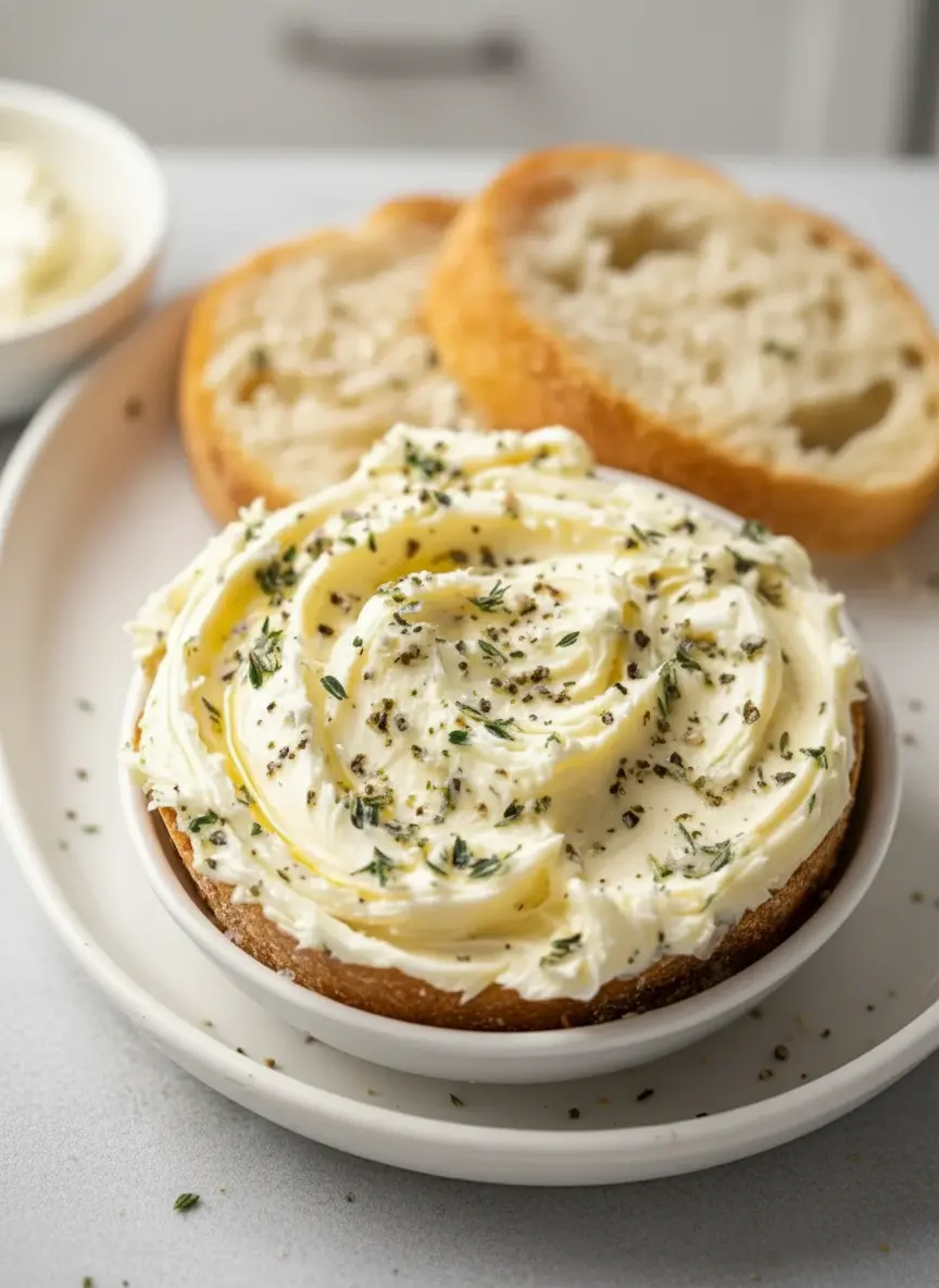 A process shot showing a white ceramic bowl on a marble countertop, where creamy, light yellow garlic bread spread is being mixed with a wooden spoon, creating gentle swirls. Finely chopped fresh herbs are visible, just about to be fully incorporated into the butter mixture, under soft morning light.