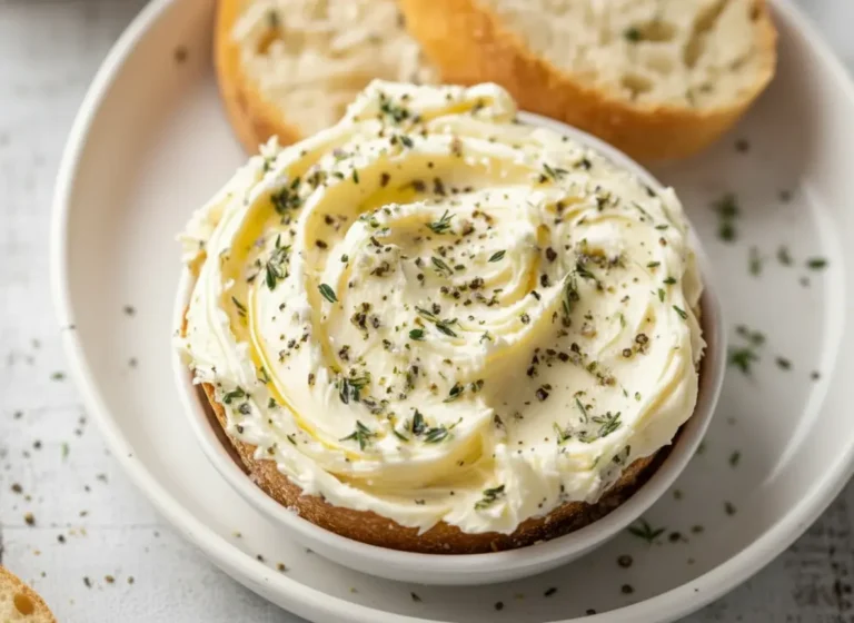 A hero shot of a small white ceramic bowl filled with creamy, light yellow garlic bread spread, artfully swirled and generously sprinkled with fresh green thyme and coarse black pepper. Blurred golden-brown toasted baguette slices are visible in the background. The scene is set on a clean marble countertop under natural morning light, with soft shadows and warm tones, minimalist white plates, and subtle wood accents.