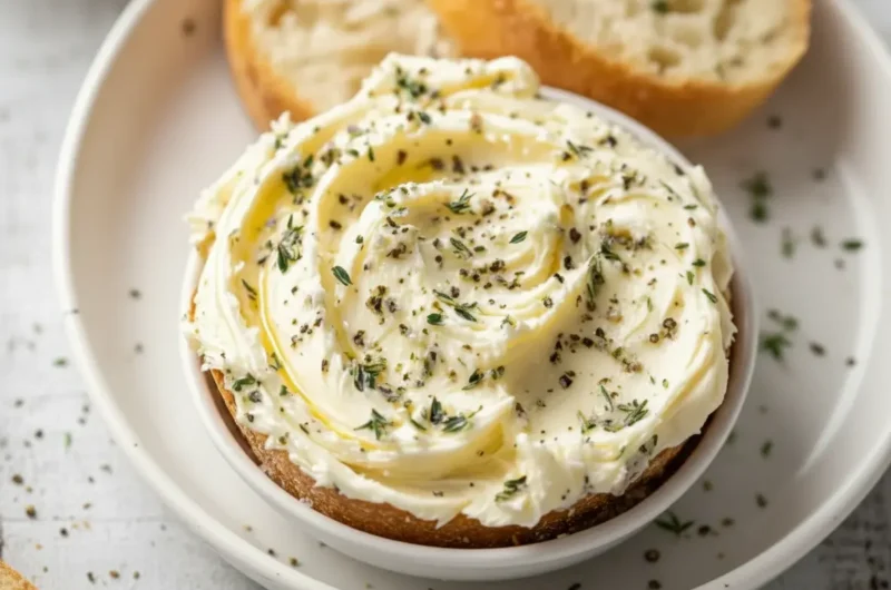 A hero shot of a small white ceramic bowl filled with creamy, light yellow garlic bread spread, artfully swirled and generously sprinkled with fresh green thyme and coarse black pepper. Blurred golden-brown toasted baguette slices are visible in the background. The scene is set on a clean marble countertop under natural morning light, with soft shadows and warm tones, minimalist white plates, and subtle wood accents.