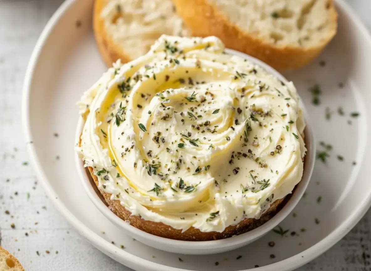 A hero shot of a small white ceramic bowl filled with creamy, light yellow garlic bread spread, artfully swirled and generously sprinkled with fresh green thyme and coarse black pepper. Blurred golden-brown toasted baguette slices are visible in the background. The scene is set on a clean marble countertop under natural morning light, with soft shadows and warm tones, minimalist white plates, and subtle wood accents.