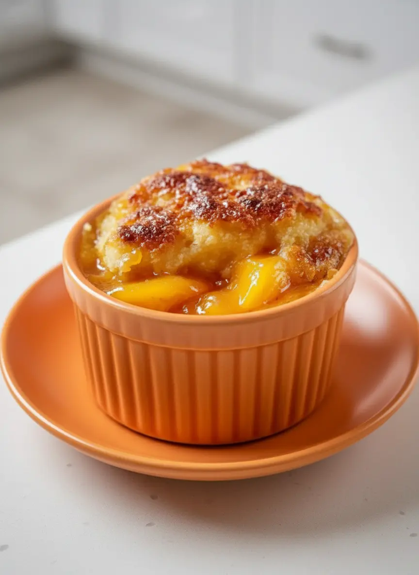 A white ceramic bowl containing the mixed topping dough for Peach Cobbler with Canned Peaches, next to a bowl of syrupy canned peach filling, on a marble countertop. Natural morning light creates soft shadows. The scene is clean and tidy with warm tones, no hands. (3:4 ratio)