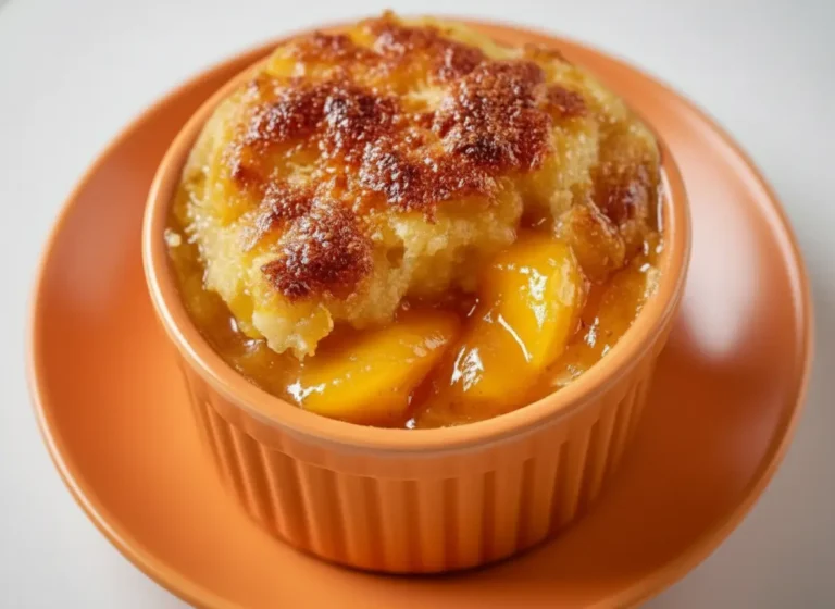 A freshly baked golden-brown Peach Cobbler with Canned Peaches in a white fluted ramekin, showcasing its bubbly, bright orange-yellow peach filling and crisp, textured top crust. The ramekin sits on a minimalist white plate on a marble countertop, bathed in natural morning light from an east window. Soft shadows, warm tones, with a hint of a wooden cutting board and subtle fresh herbs in the background. Clean and tidy presentation, no hands.
