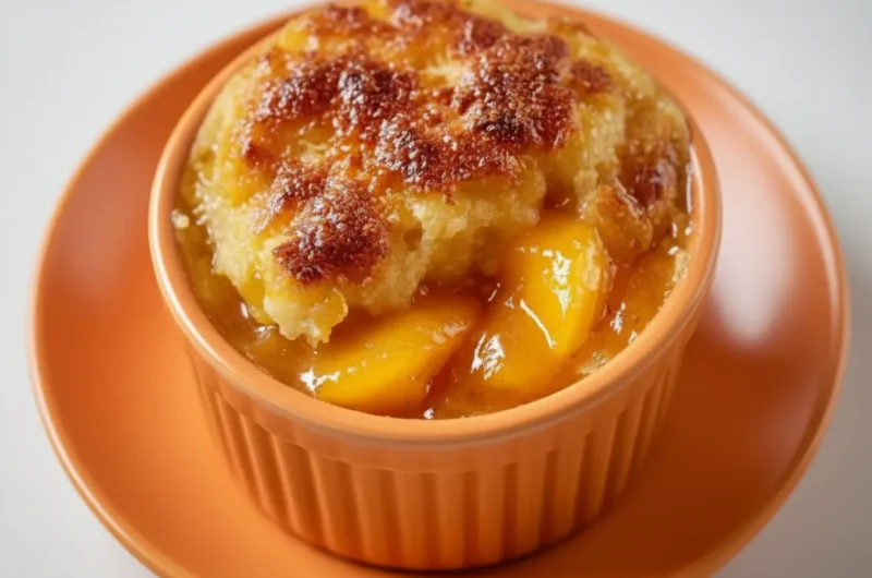 A freshly baked golden-brown Peach Cobbler with Canned Peaches in a white fluted ramekin, showcasing its bubbly, bright orange-yellow peach filling and crisp, textured top crust. The ramekin sits on a minimalist white plate on a marble countertop, bathed in natural morning light from an east window. Soft shadows, warm tones, with a hint of a wooden cutting board and subtle fresh herbs in the background. Clean and tidy presentation, no hands.