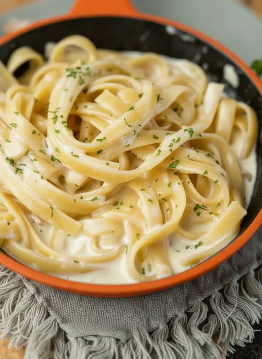 A 3:4 shot on a marble countertop under natural morning light from an east window, showing key ingredients for Fettuccine Alfredo: a block of freshly grated Parmesan cheese, a bowl of heavy cream, a stick of unsalted butter, and whole garlic cloves, arranged around the same wooden cutting board. Fresh parsley sprigs are visible, with soft shadows and warm tones.