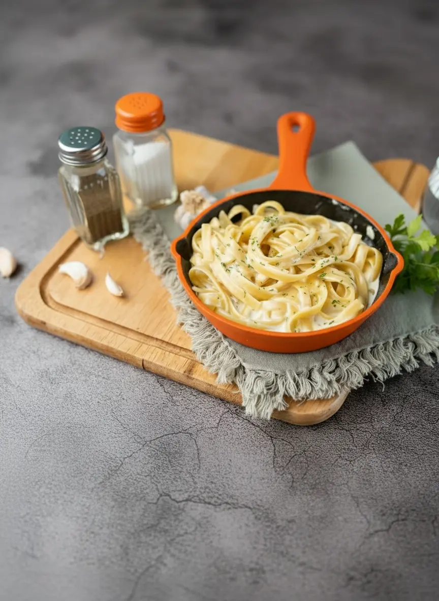 A 3:4 shot in a clean, tidy kitchen with natural morning light. A creamy white sauce is being stirred in an orange and black cast iron skillet on a stovetop (burner off or subtly in background), with fettuccine noodles just starting to be incorporated. Steam subtly rises, highlighting the texture. The scene is warm-toned with soft shadows, with the wooden cutting board and fresh herbs in the background.