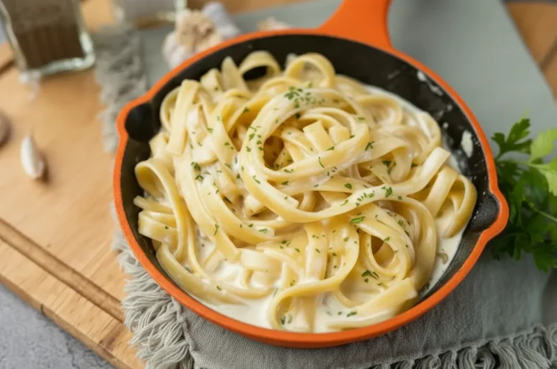 A vibrant 4:3 shot of a rustic orange and black cast iron skillet filled with perfectly swirled, creamy Fettuccine Alfredo pasta, generously garnished with fresh chopped parsley. The dish sits on a light wooden cutting board on a marble countertop, bathed in natural morning light from an east window. Soft shadows, warm tones, with garlic cloves and a pepper grinder subtly blurred in the background, creating a clean and tidy presentation.