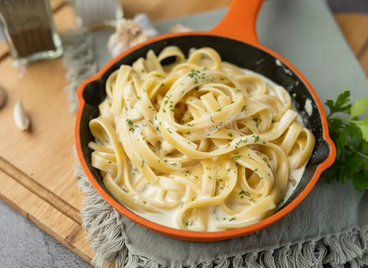 A vibrant 4:3 shot of a rustic orange and black cast iron skillet filled with perfectly swirled, creamy Fettuccine Alfredo pasta, generously garnished with fresh chopped parsley. The dish sits on a light wooden cutting board on a marble countertop, bathed in natural morning light from an east window. Soft shadows, warm tones, with garlic cloves and a pepper grinder subtly blurred in the background, creating a clean and tidy presentation.