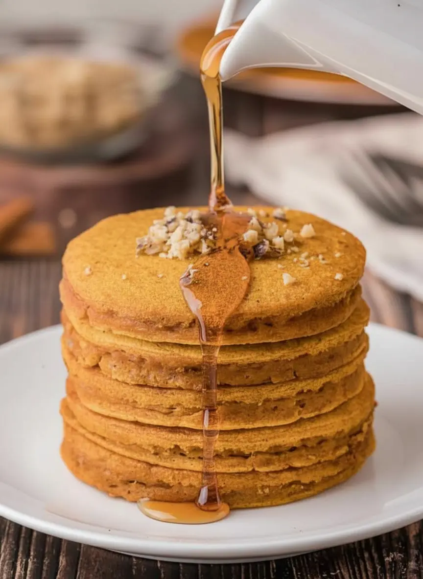 A close-up of a single golden-orange pumpkin pancake cooking on a hot griddle, with small bubbles forming on its surface, indicating it's ready to flip. The pan is on a stovetop with soft, warm kitchen lighting. The wooden cutting board is subtly visible in the background on marble counters. (3:4 ratio)